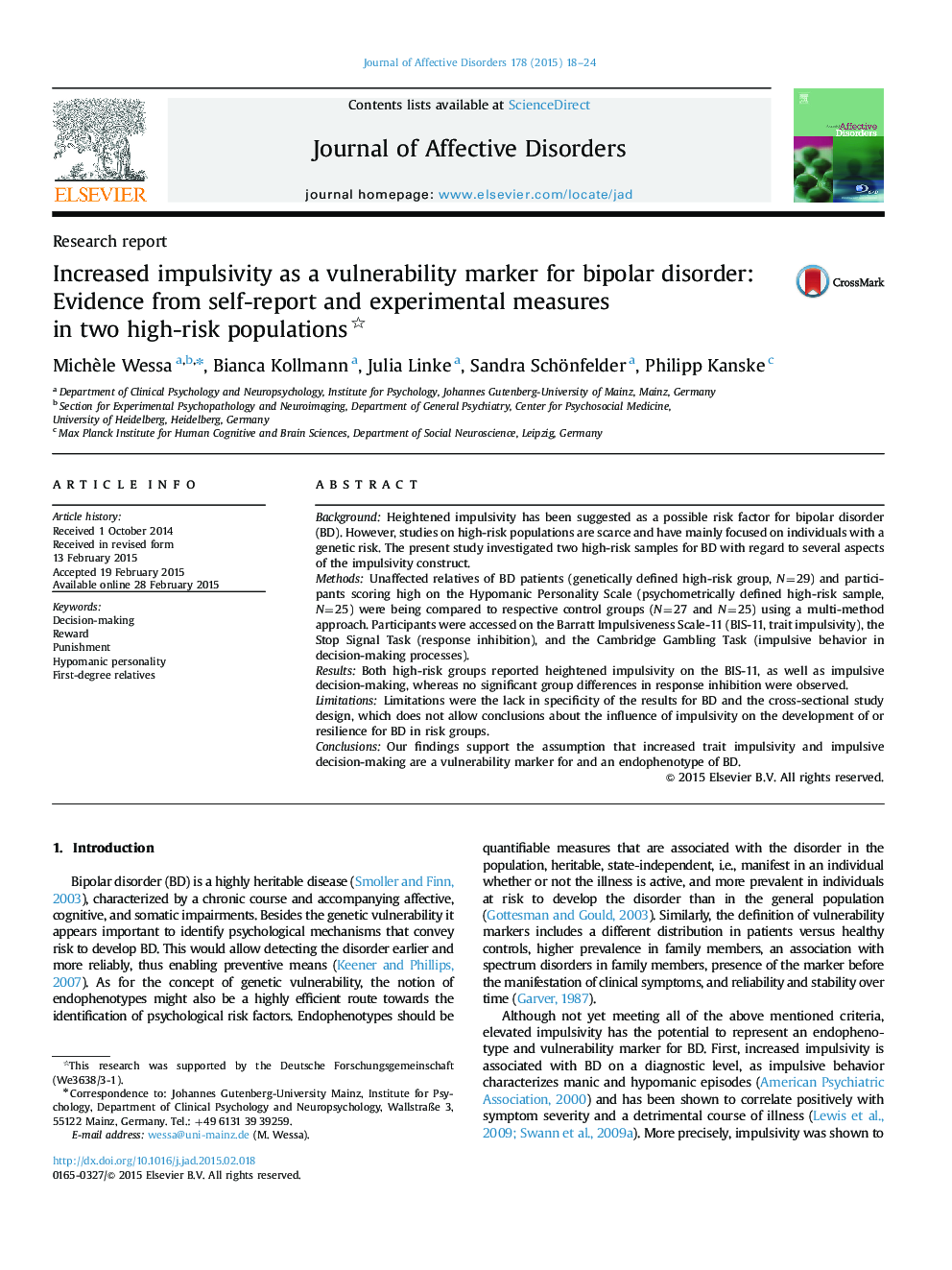 Increased impulsivity as a vulnerability marker for bipolar disorder: Evidence from self-report and experimental measures in two high-risk populations