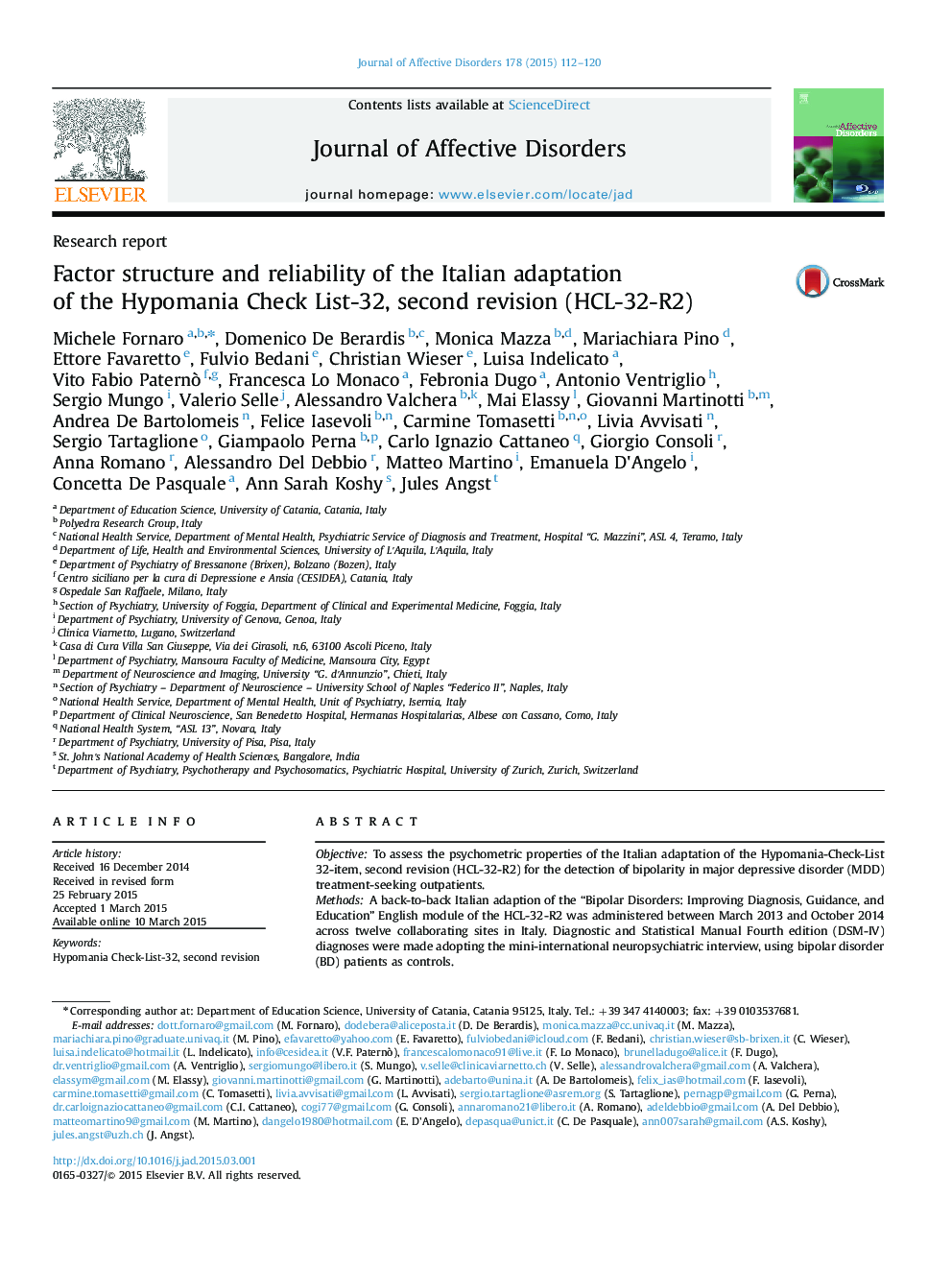Factor structure and reliability of the Italian adaptation of the Hypomania Check List-32, second revision (HCL-32-R2)