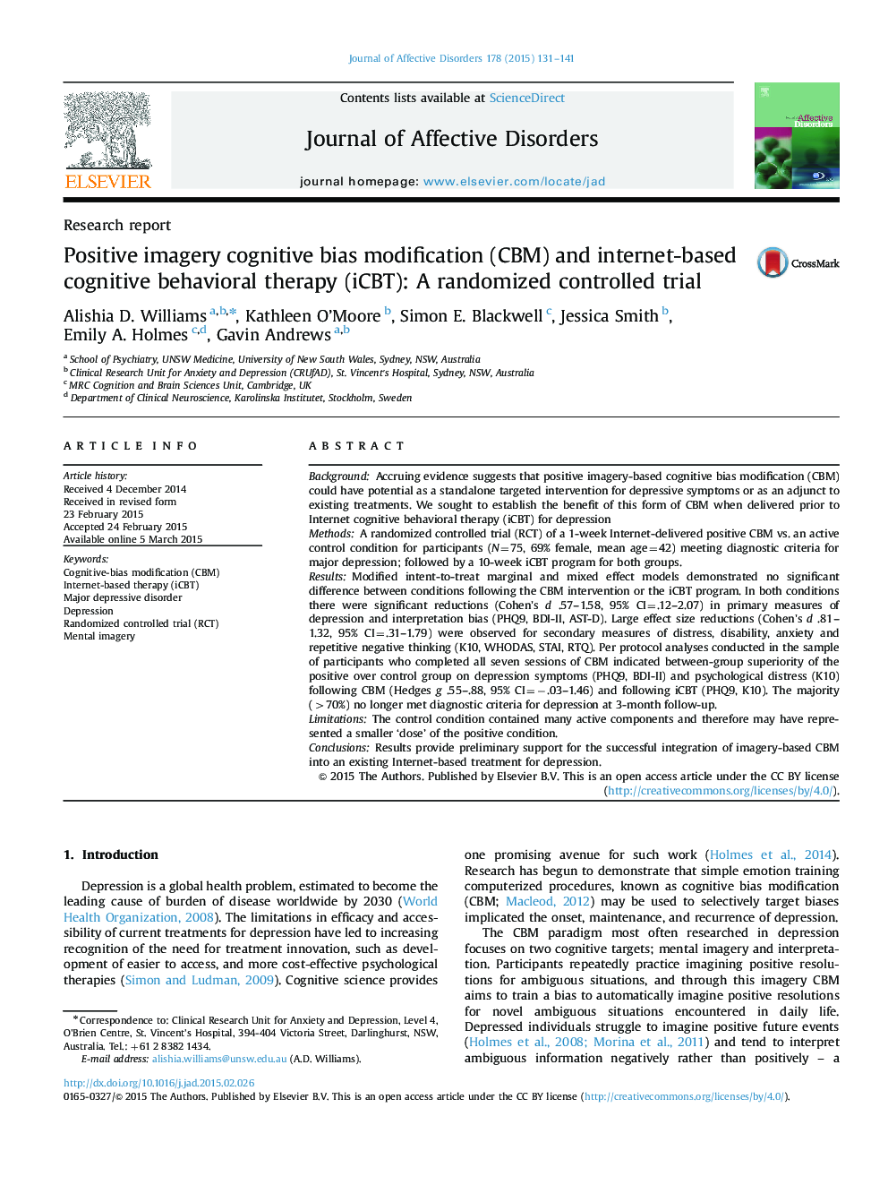 Positive imagery cognitive bias modification (CBM) and internet-based cognitive behavioral therapy (iCBT): A randomized controlled trial