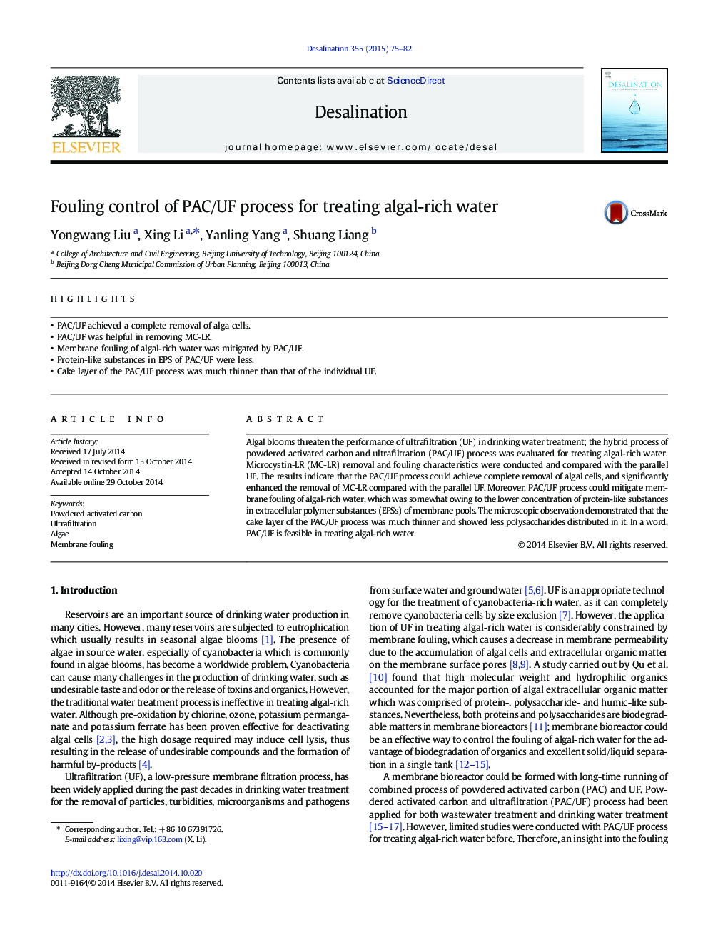 Fouling control of PAC/UF process for treating algal-rich water