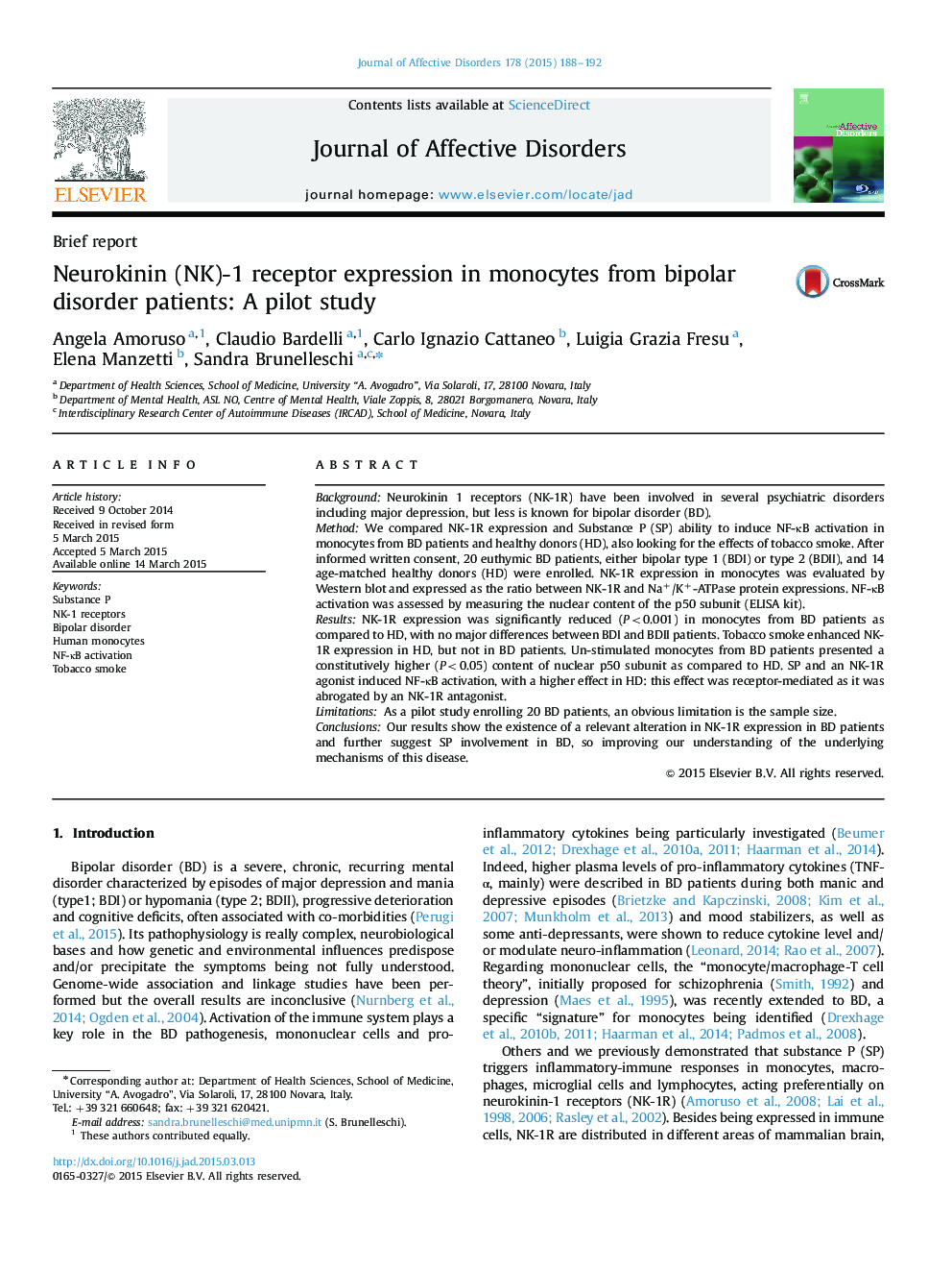 Neurokinin (NK)-1 receptor expression in monocytes from bipolar disorder patients: A pilot study