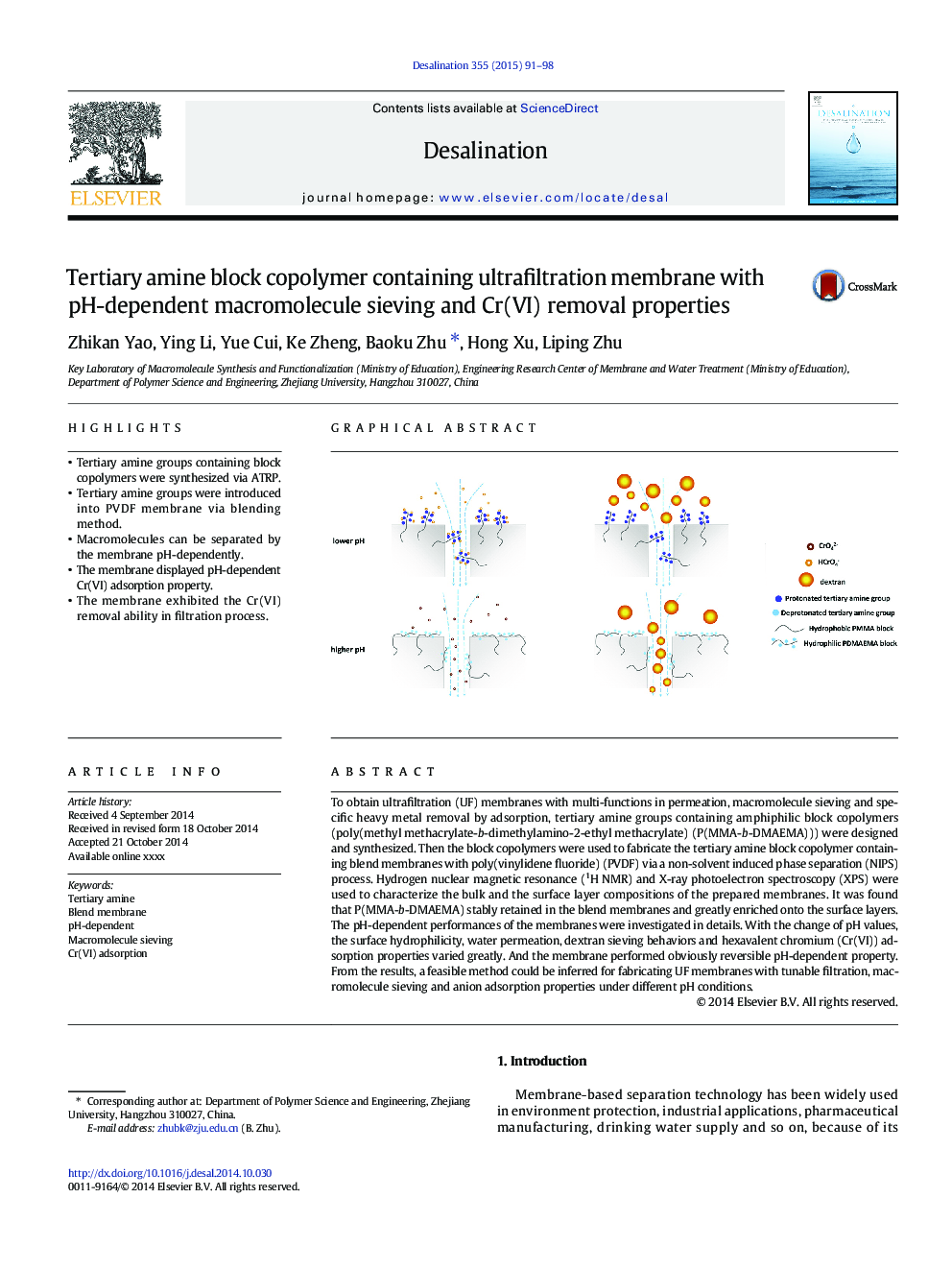 Tertiary amine block copolymer containing ultrafiltration membrane with pH-dependent macromolecule sieving and Cr(VI) removal properties