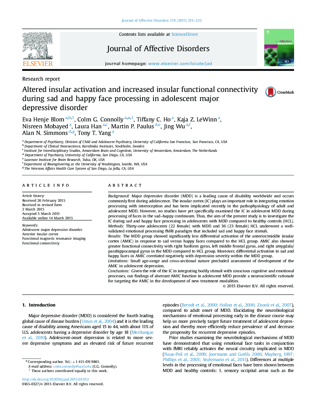 Altered insular activation and increased insular functional connectivity during sad and happy face processing in adolescent major depressive disorder