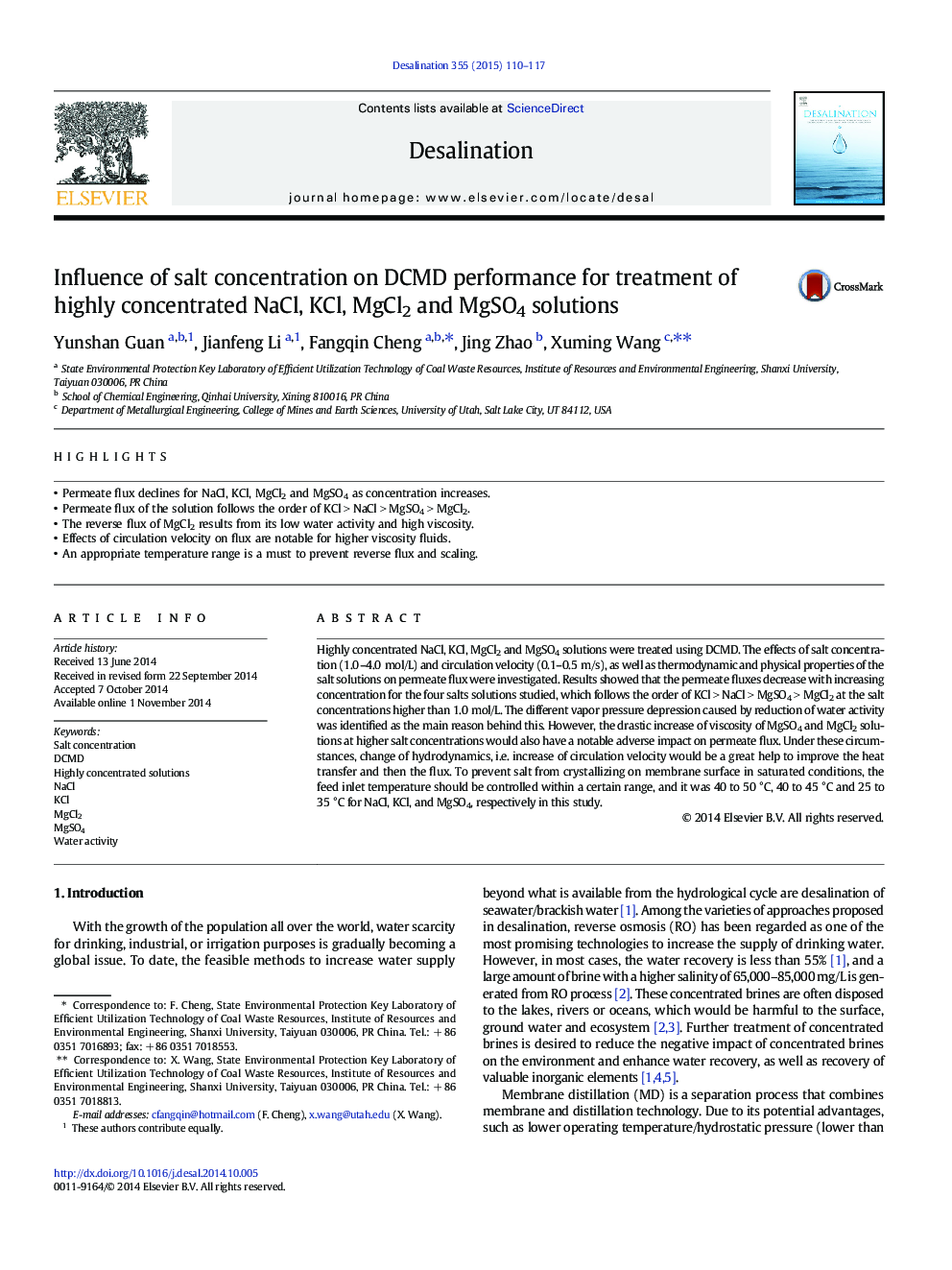 Influence of salt concentration on DCMD performance for treatment of highly concentrated NaCl, KCl, MgCl2 and MgSO4 solutions