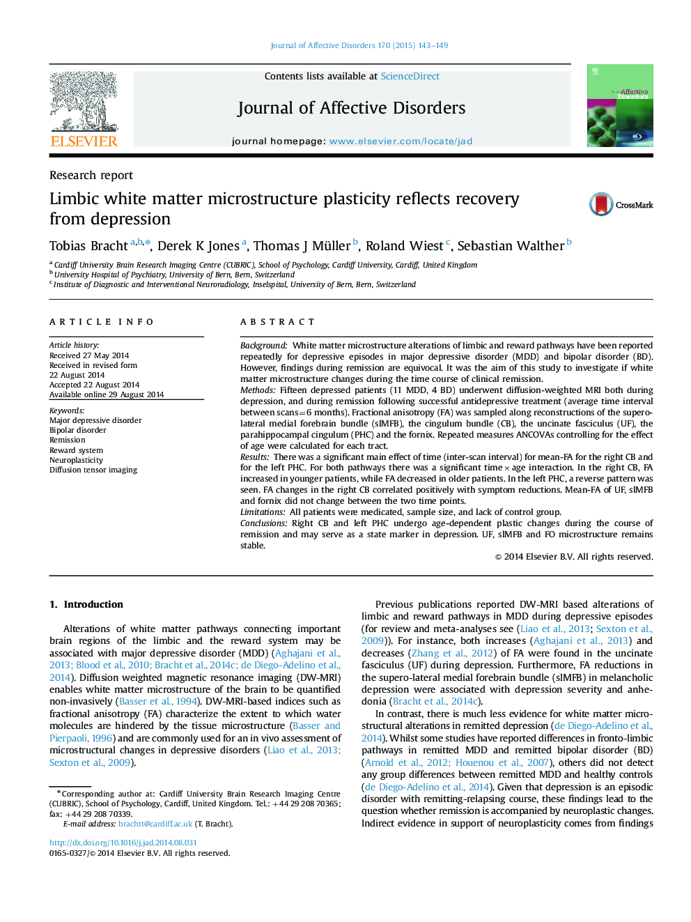 Limbic white matter microstructure plasticity reflects recovery from depression