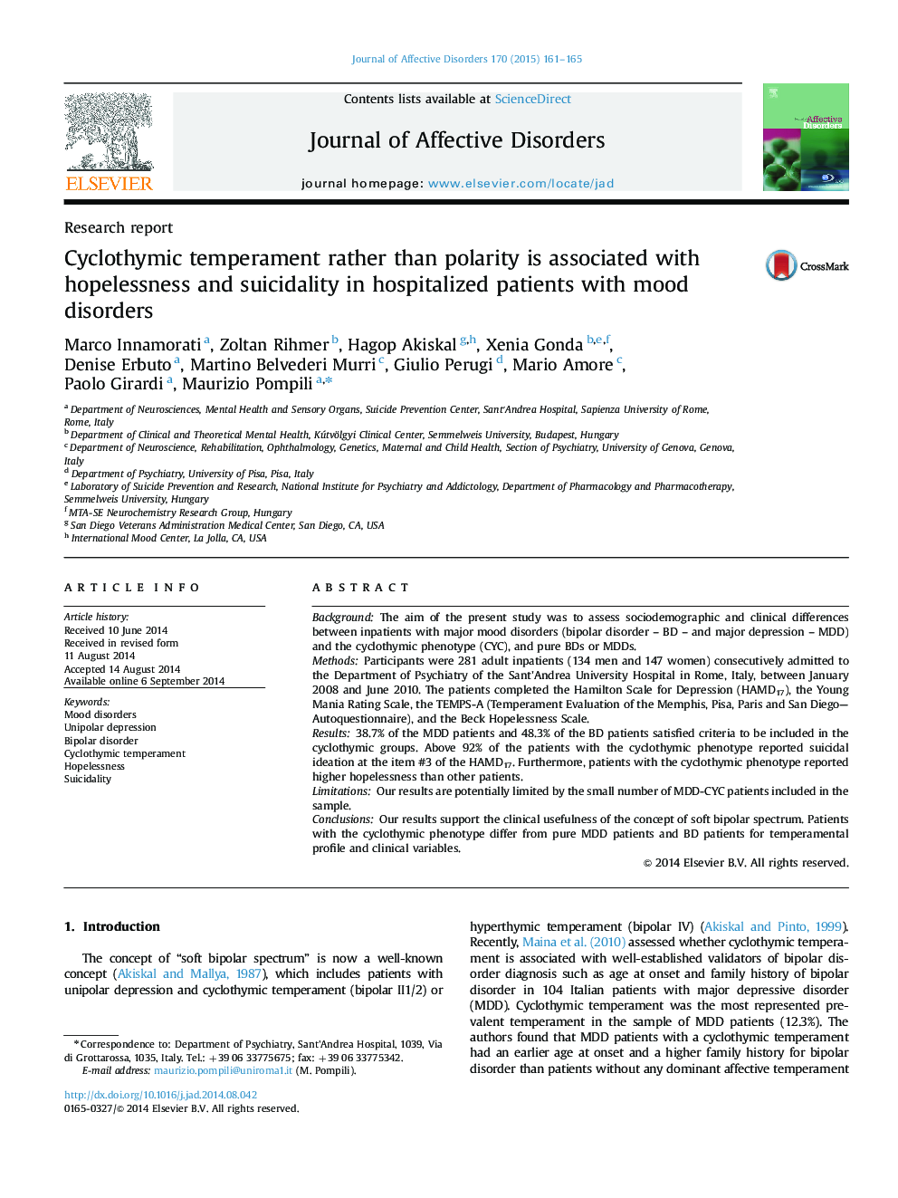 Cyclothymic temperament rather than polarity is associated with hopelessness and suicidality in hospitalized patients with mood disorders