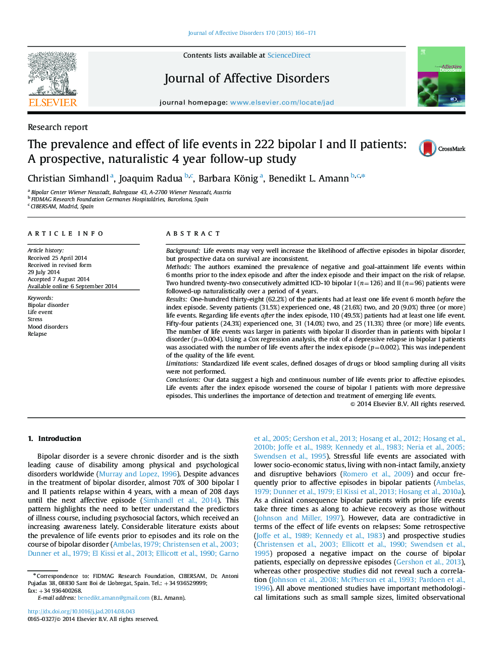 The prevalence and effect of life events in 222 bipolar I and II patients: A prospective, naturalistic 4 year follow-up study