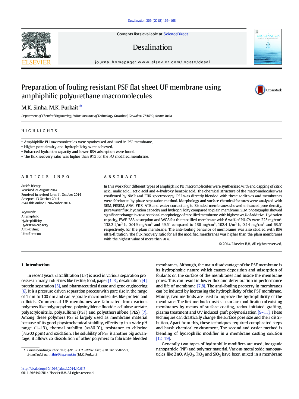 Preparation of fouling resistant PSF flat sheet UF membrane using amphiphilic polyurethane macromolecules