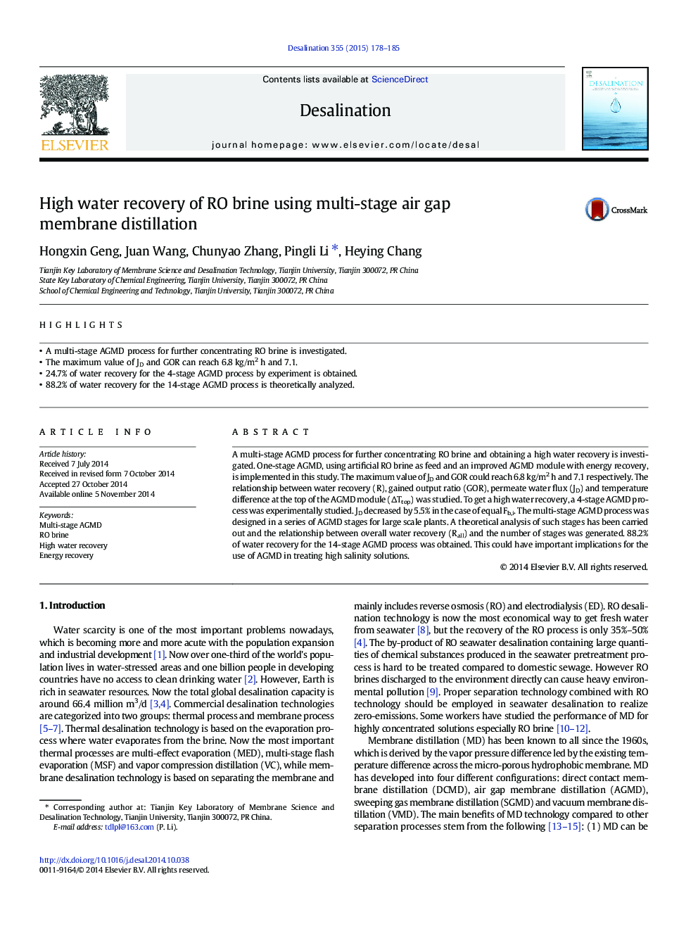 High water recovery of RO brine using multi-stage air gap membrane distillation