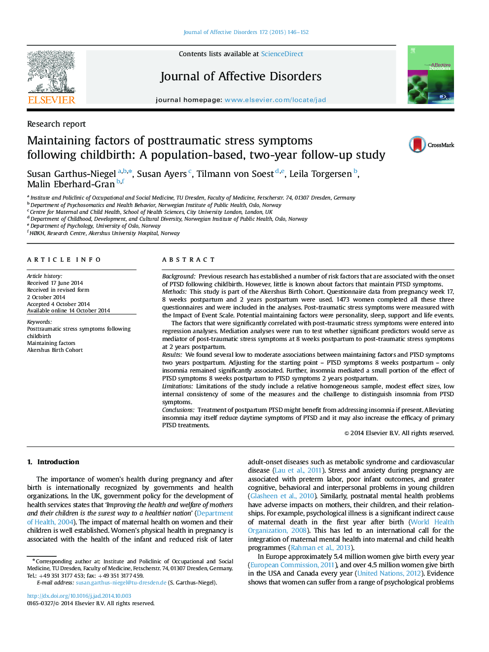 Maintaining factors of posttraumatic stress symptoms following childbirth: A population-based, two-year follow-up study