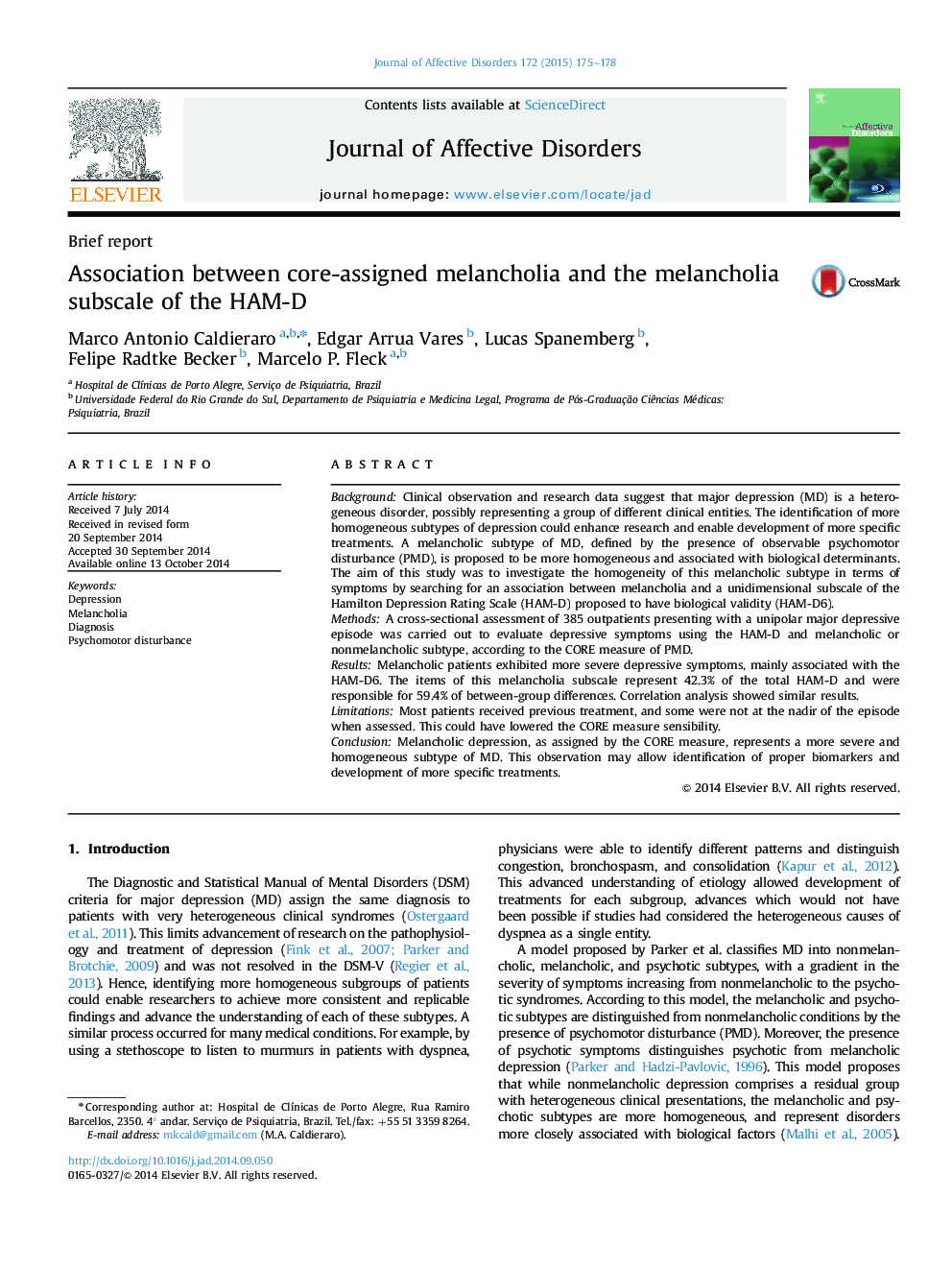 Association between core-assigned melancholia and the melancholia subscale of the HAM-D