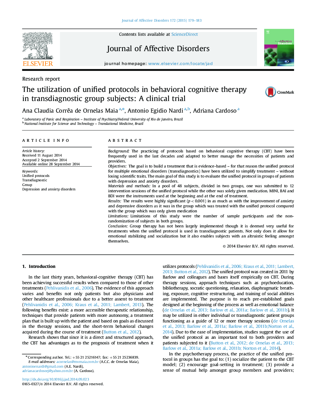 The utilization of unified protocols in behavioral cognitive therapy in transdiagnostic group subjects: A clinical trial