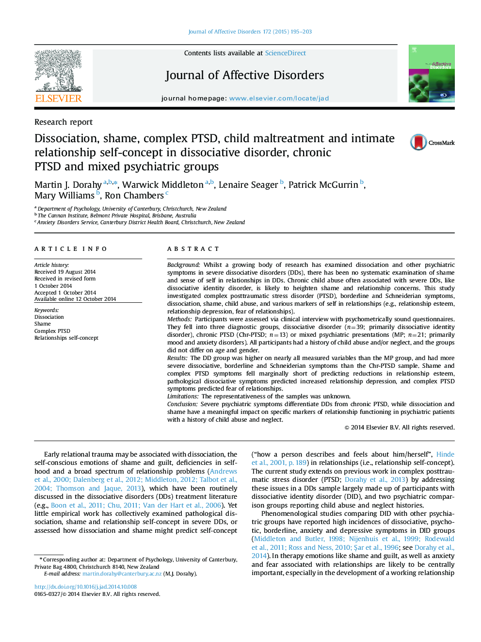 Dissociation, shame, complex PTSD, child maltreatment and intimate relationship self-concept in dissociative disorder, chronic PTSD and mixed psychiatric groups