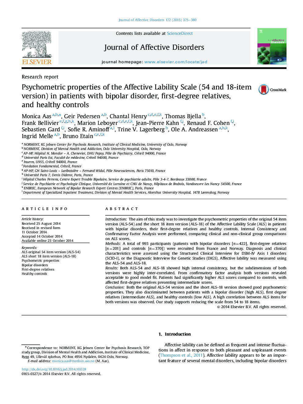 Psychometric properties of the Affective Lability Scale (54 and 18-item version) in patients with bipolar disorder, first-degree relatives, and healthy controls