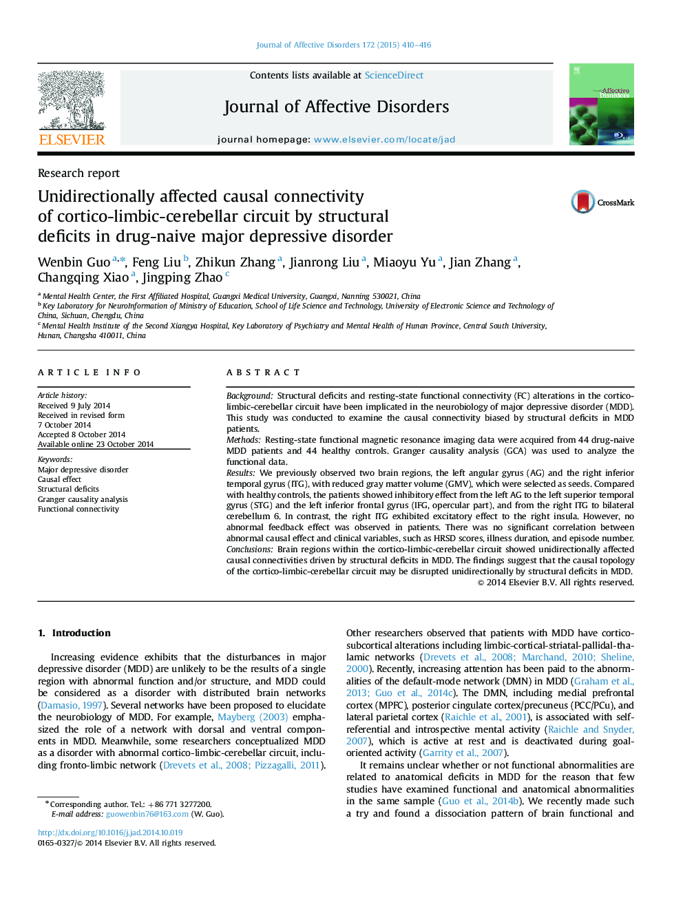 Unidirectionally affected causal connectivity of cortico-limbic-cerebellar circuit by structural deficits in drug-naive major depressive disorder