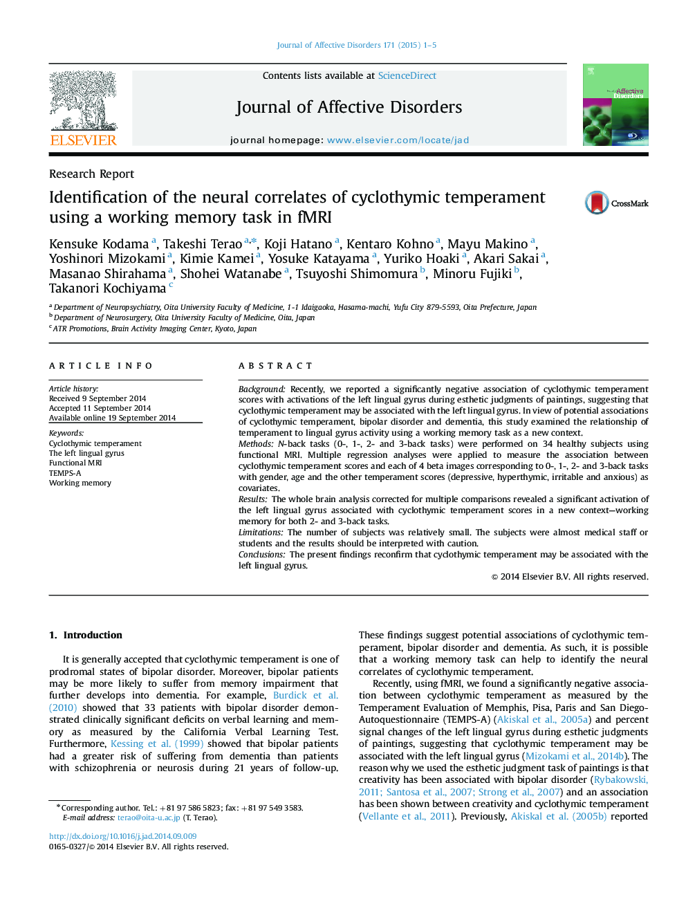 Identification of the neural correlates of cyclothymic temperament using a working memory task in fMRI