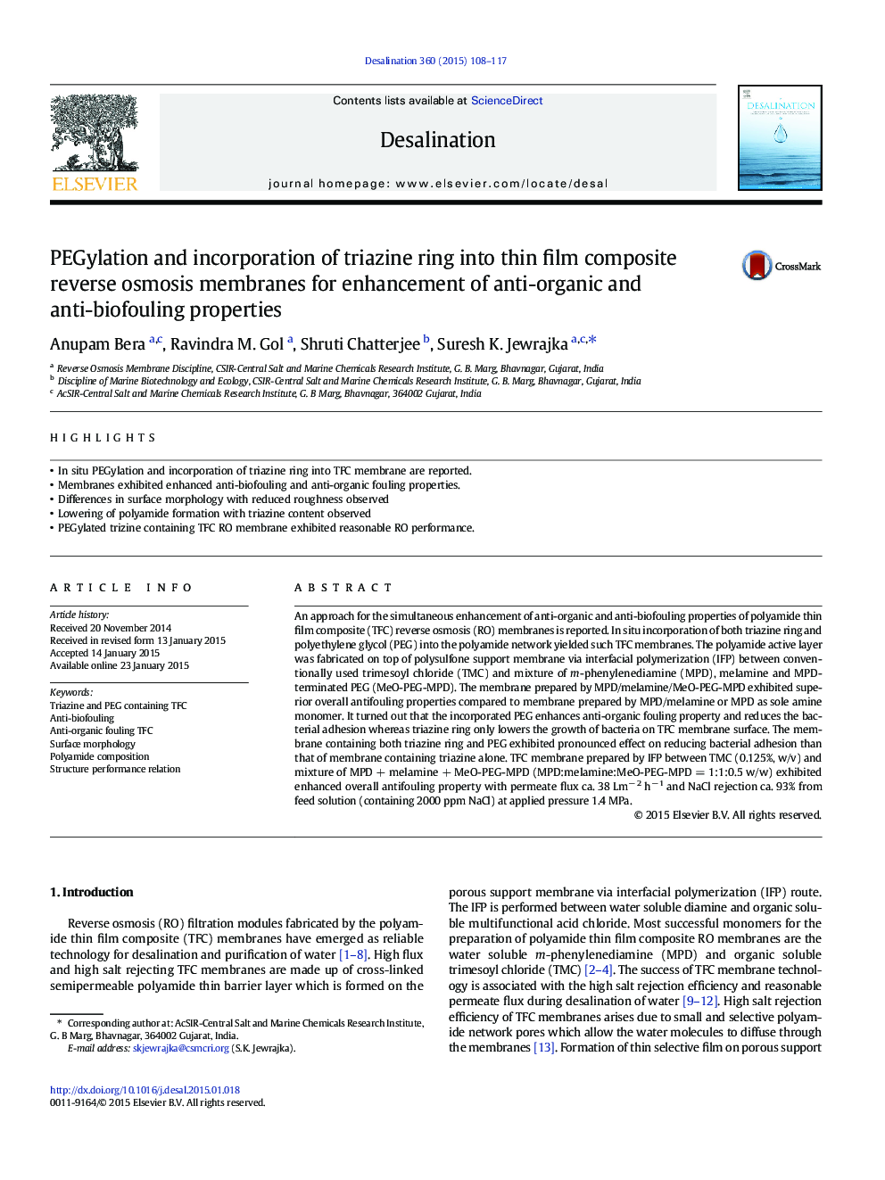 PEGylation and incorporation of triazine ring into thin film composite reverse osmosis membranes for enhancement of anti-organic and anti-biofouling properties