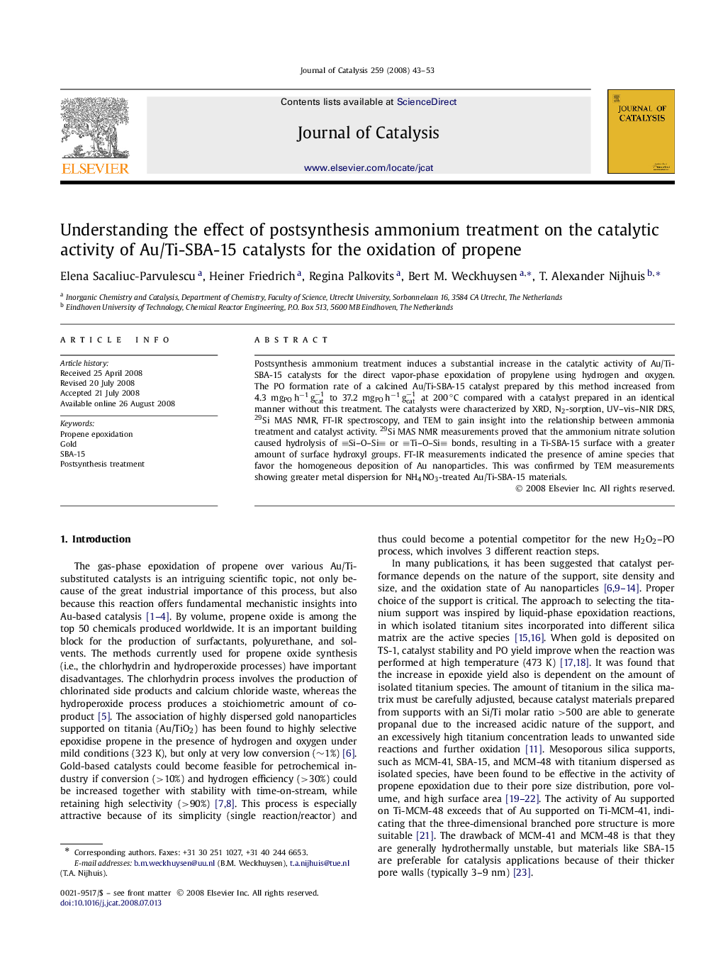 Understanding the effect of postsynthesis ammonium treatment on the catalytic activity of Au/Ti-SBA-15 catalysts for the oxidation of propene