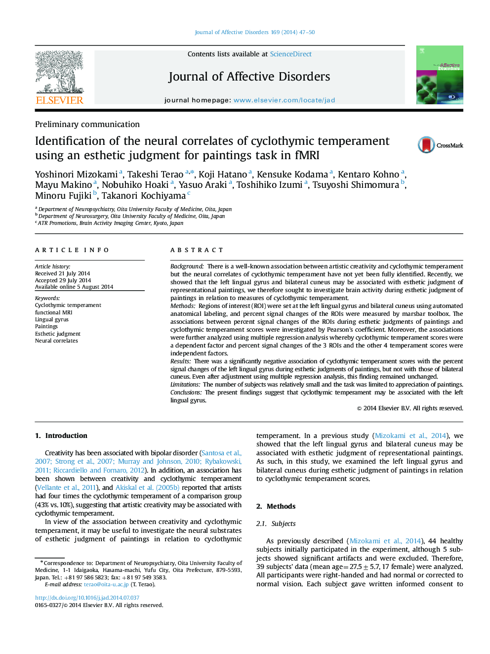 Identification of the neural correlates of cyclothymic temperament using an esthetic judgment for paintings task in fMRI