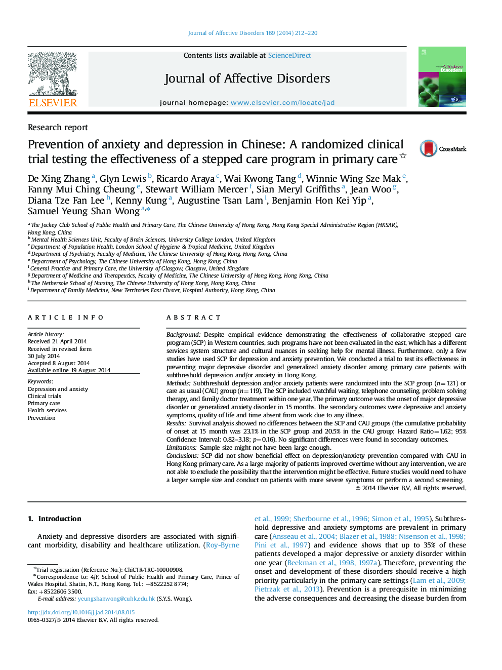 Prevention of anxiety and depression in Chinese: A randomized clinical trial testing the effectiveness of a stepped care program in primary care