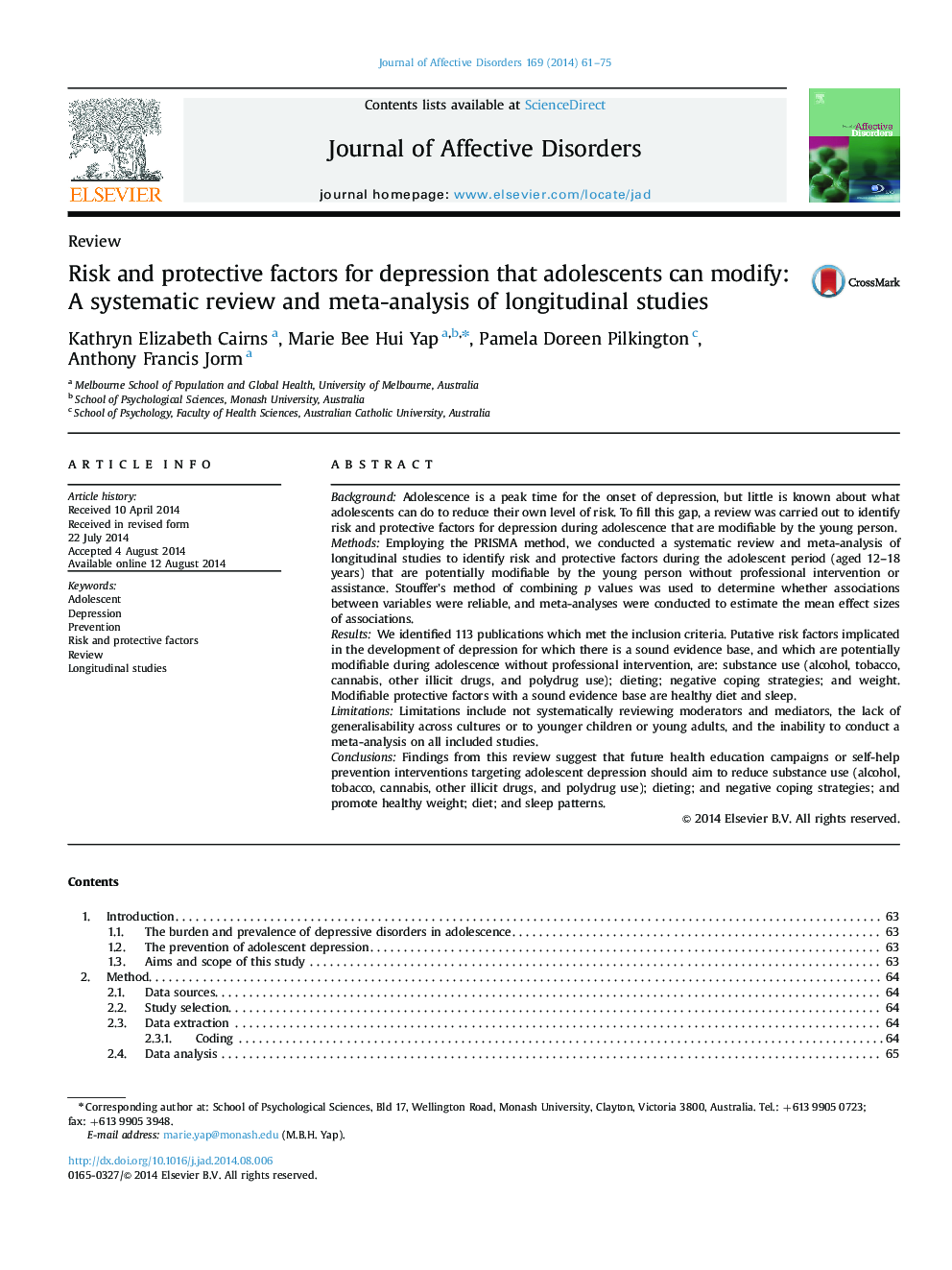 Risk and protective factors for depression that adolescents can modify: A systematic review and meta-analysis of longitudinal studies