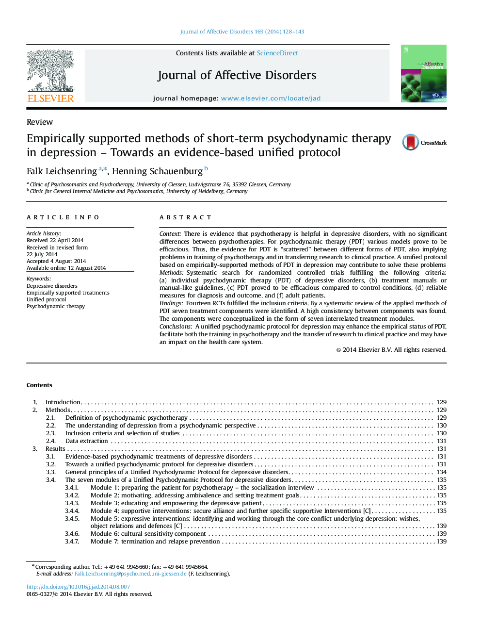 Empirically supported methods of short-term psychodynamic therapy in depression - Towards an evidence-based unified protocol