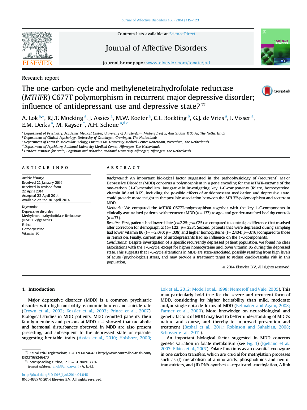 The one-carbon-cycle and methylenetetrahydrofolate reductase (MTHFR) C677T polymorphism in recurrent major depressive disorder; influence of antidepressant use and depressive state?
