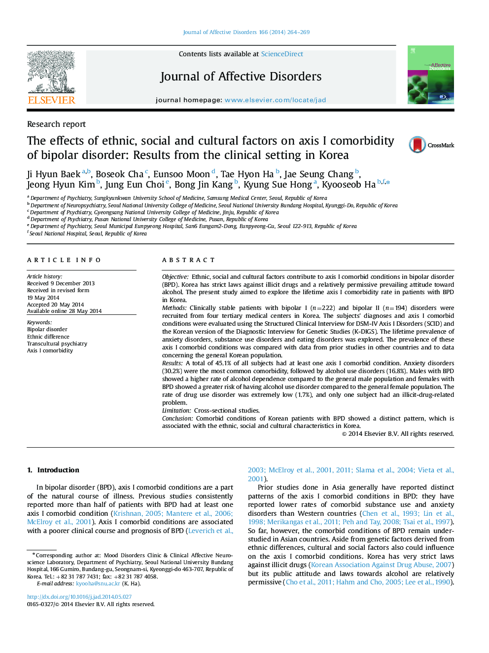 The effects of ethnic, social and cultural factors on axis I comorbidity of bipolar disorder: Results from the clinical setting in Korea