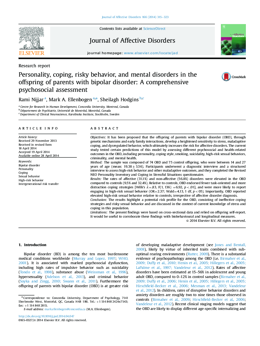 Research reportPersonality, coping, risky behavior, and mental disorders in the offspring of parents with bipolar disorder: A comprehensive psychosocial assessment