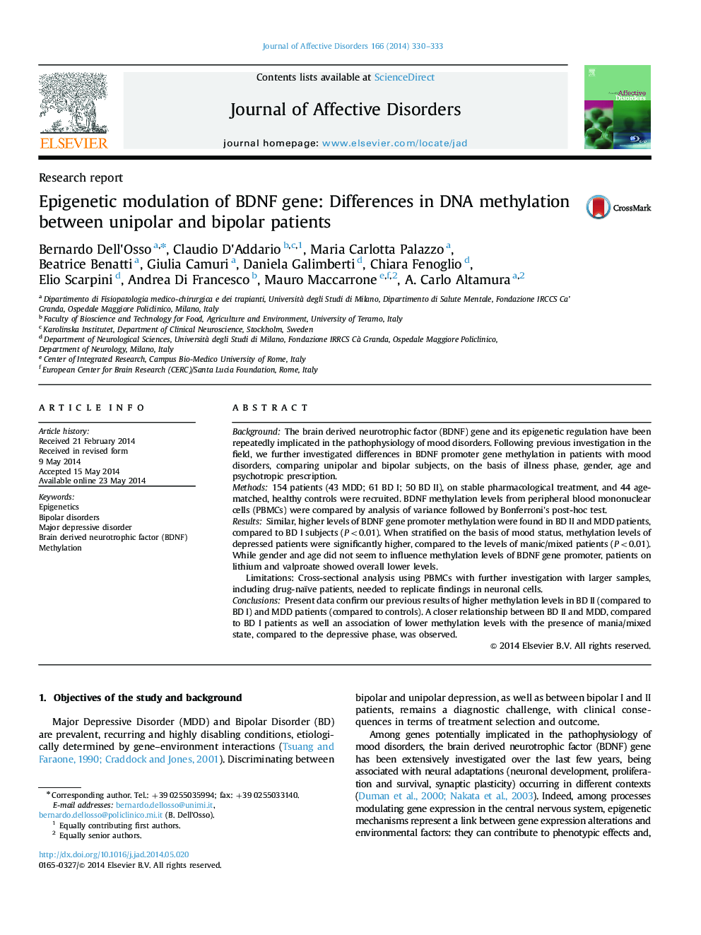 Epigenetic modulation of BDNF gene: Differences in DNA methylation between unipolar and bipolar patients