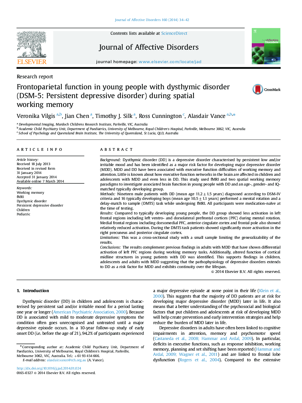 Frontoparietal function in young people with dysthymic disorder (DSM-5: Persistent depressive disorder) during spatial working memory
