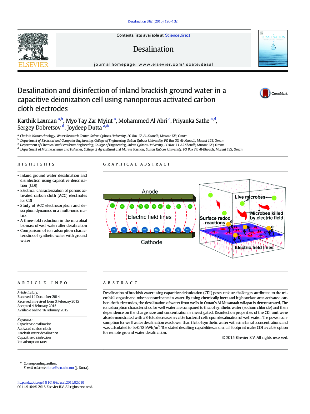 Desalination and disinfection of inland brackish ground water in a capacitive deionization cell using nanoporous activated carbon cloth electrodes