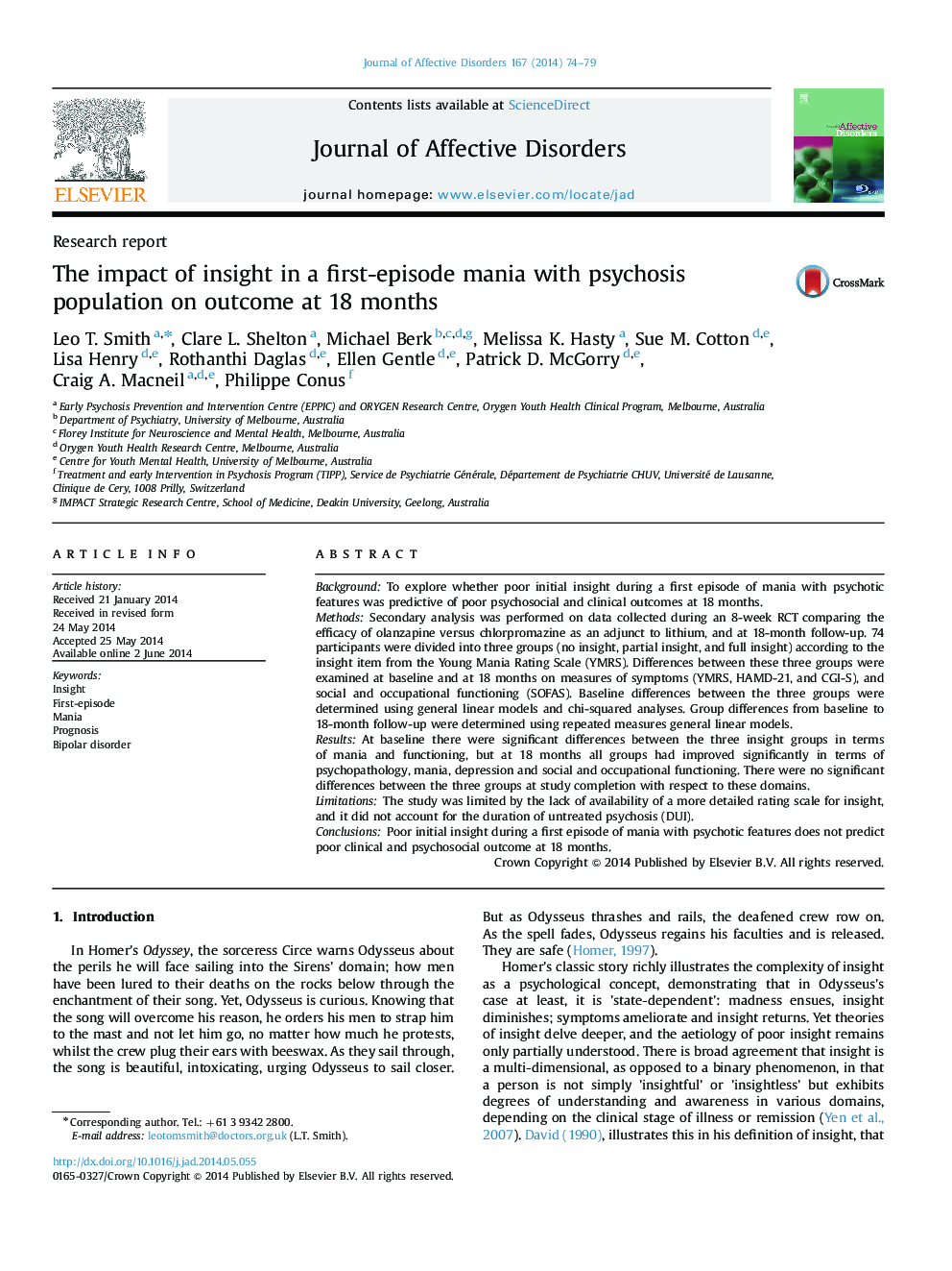 The impact of insight in a first-episode mania with psychosis population on outcome at 18 months