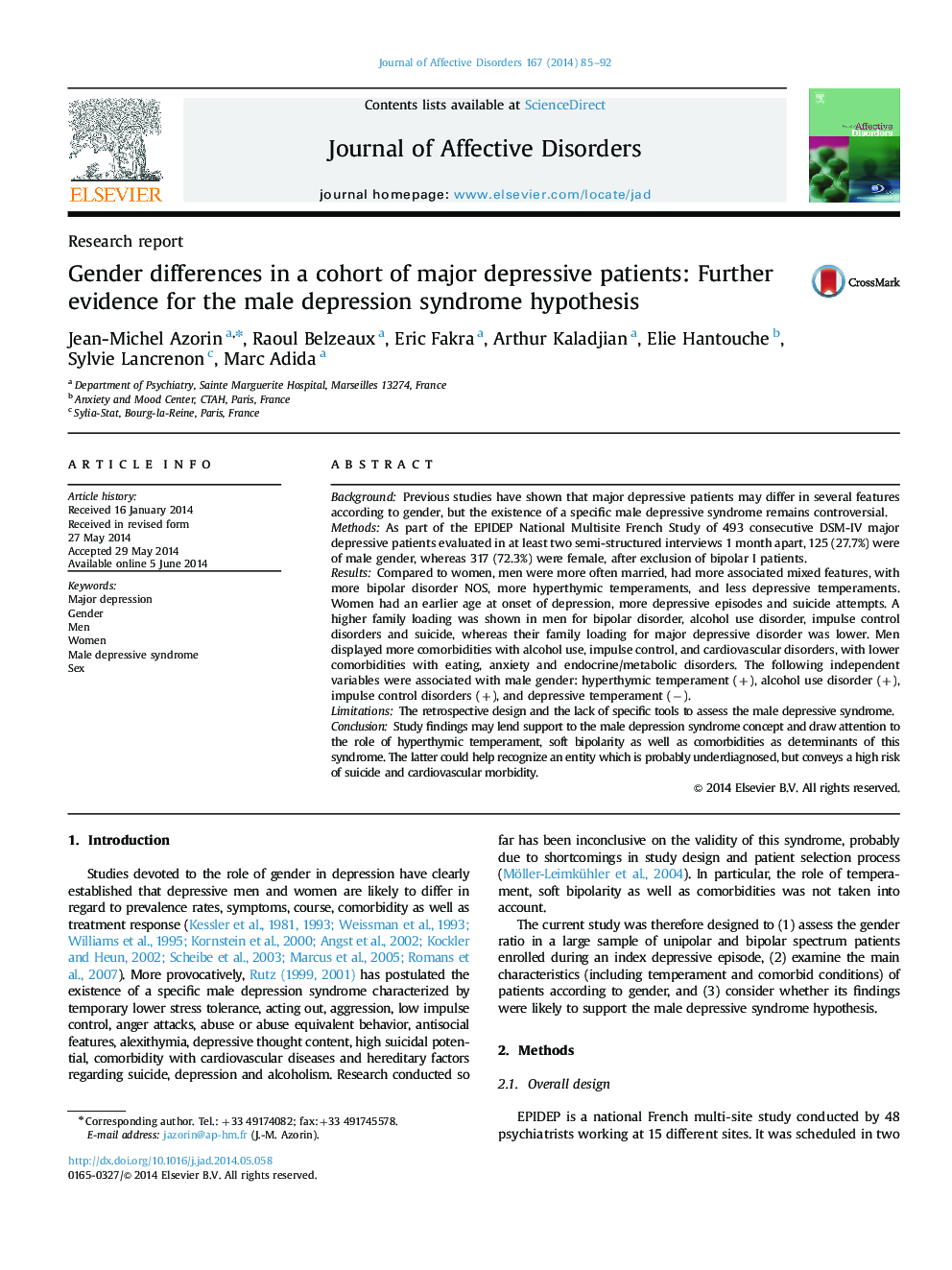 Gender differences in a cohort of major depressive patients: Further evidence for the male depression syndrome hypothesis