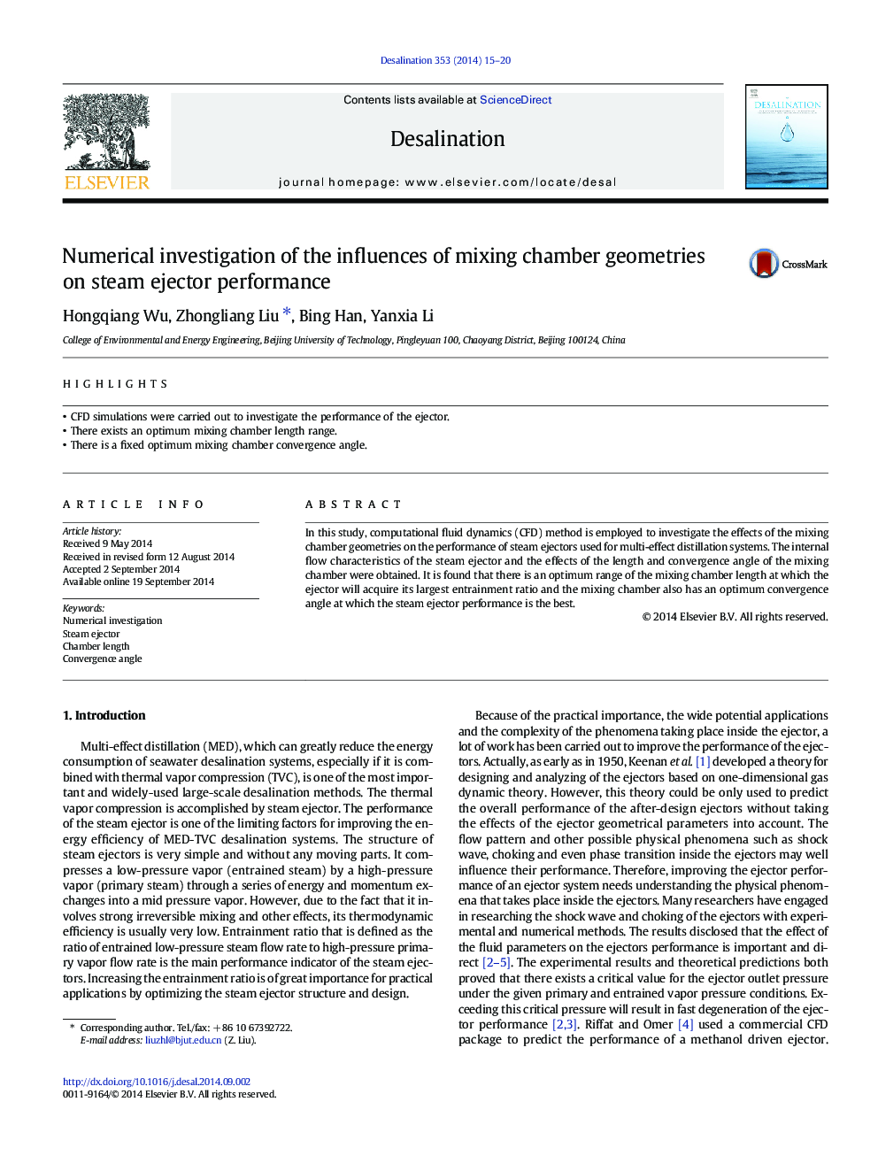 Numerical investigation of the influences of mixing chamber geometries on steam ejector performance