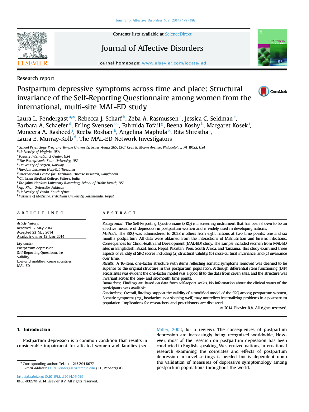 Postpartum depressive symptoms across time and place: Structural invariance of the Self-Reporting Questionnaire among women from the international, multi-site MAL-ED study