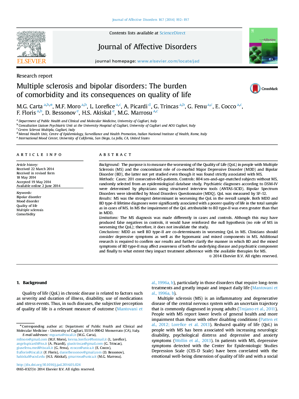 Multiple sclerosis and bipolar disorders: The burden of comorbidity and its consequences on quality of life