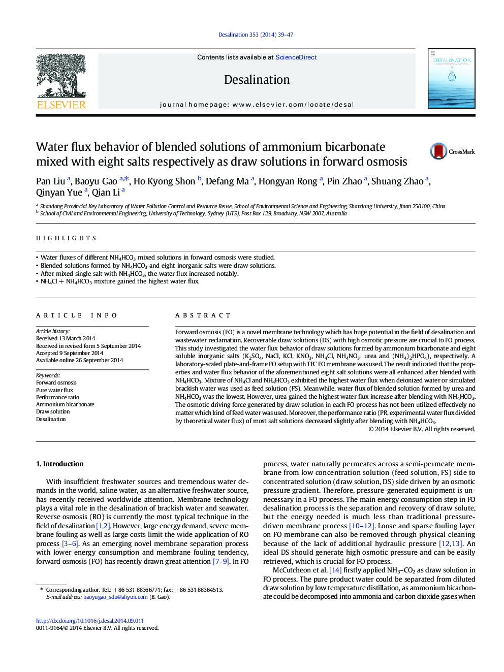 Water flux behavior of blended solutions of ammonium bicarbonate mixed with eight salts respectively as draw solutions in forward osmosis