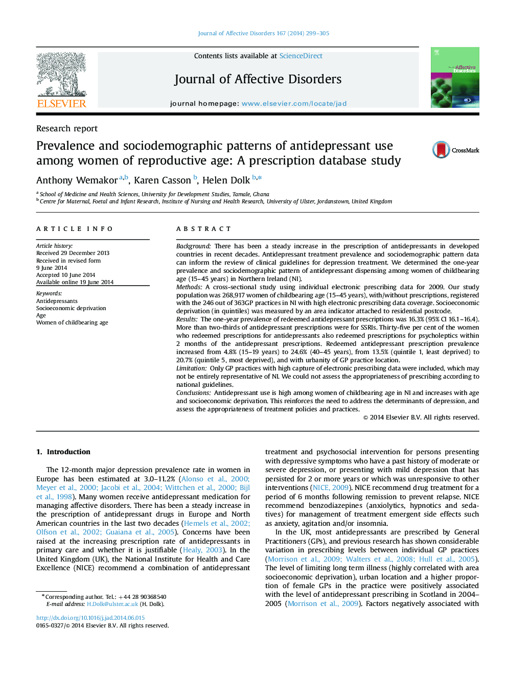 Prevalence and sociodemographic patterns of antidepressant use among women of reproductive age: A prescription database study