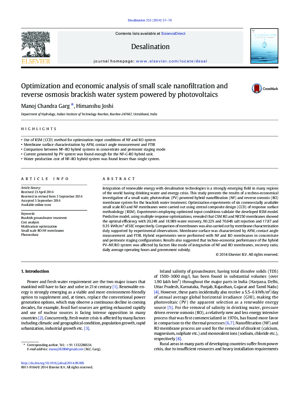 Optimization and economic analysis of small scale nanofiltration and reverse osmosis brackish water system powered by photovoltaics