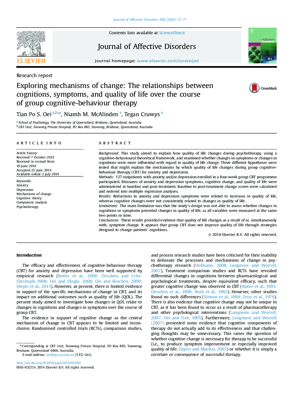 Exploring mechanisms of change: The relationships between cognitions, symptoms, and quality of life over the course of group cognitive-behaviour therapy