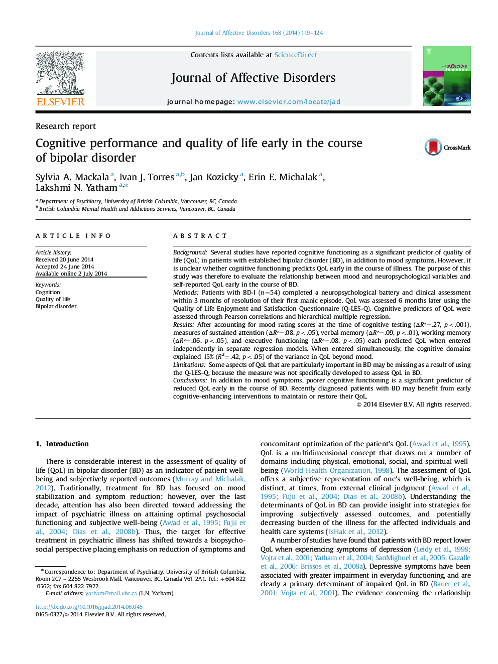 Research reportCognitive performance and quality of life early in the course of bipolar disorder