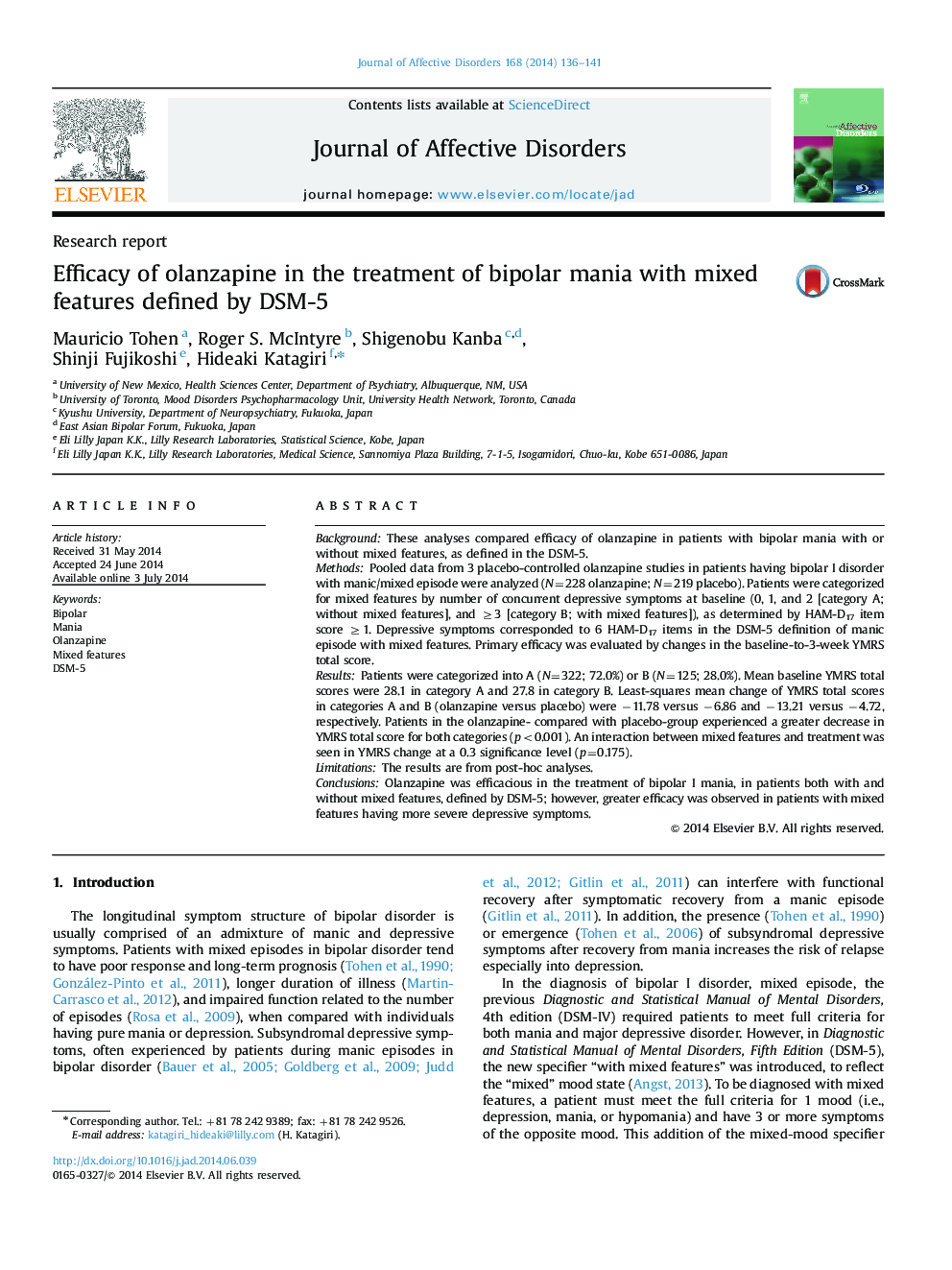 Efficacy of olanzapine in the treatment of bipolar mania with mixed features defined by DSM-5