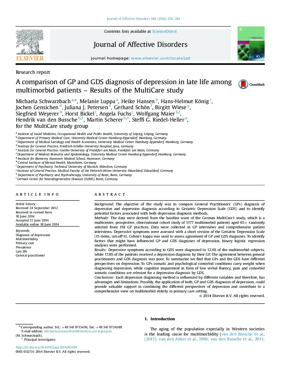 A comparison of GP and GDS diagnosis of depression in late life among multimorbid patients - Results of the MultiCare study