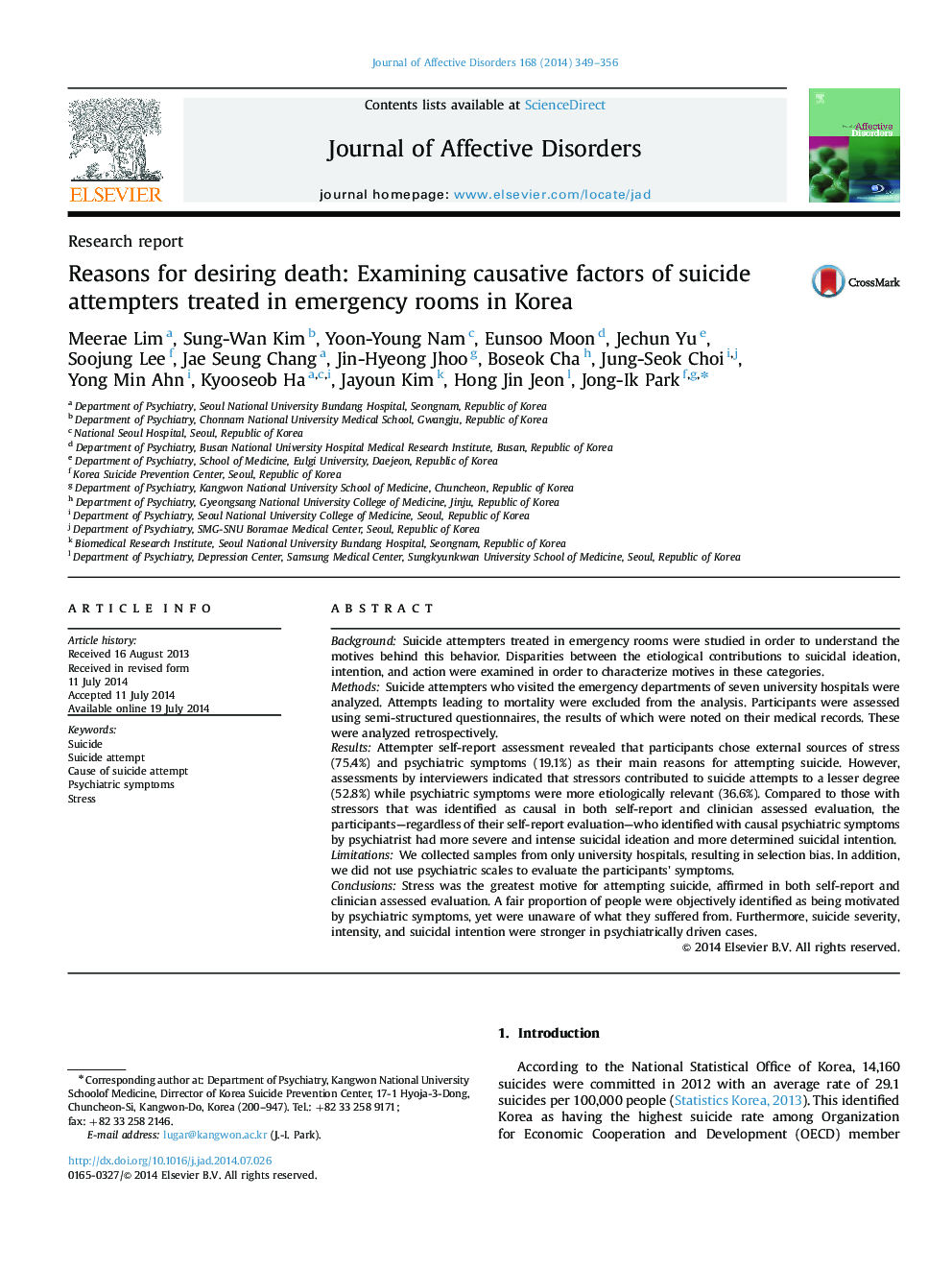 Reasons for desiring death: Examining causative factors of suicide attempters treated in emergency rooms in Korea