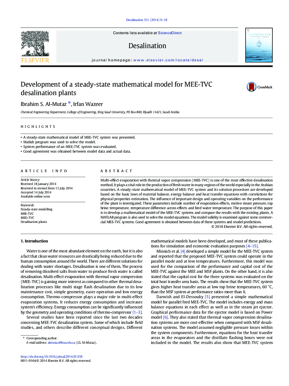 Development of a steady-state mathematical model for MEE-TVC desalination plants