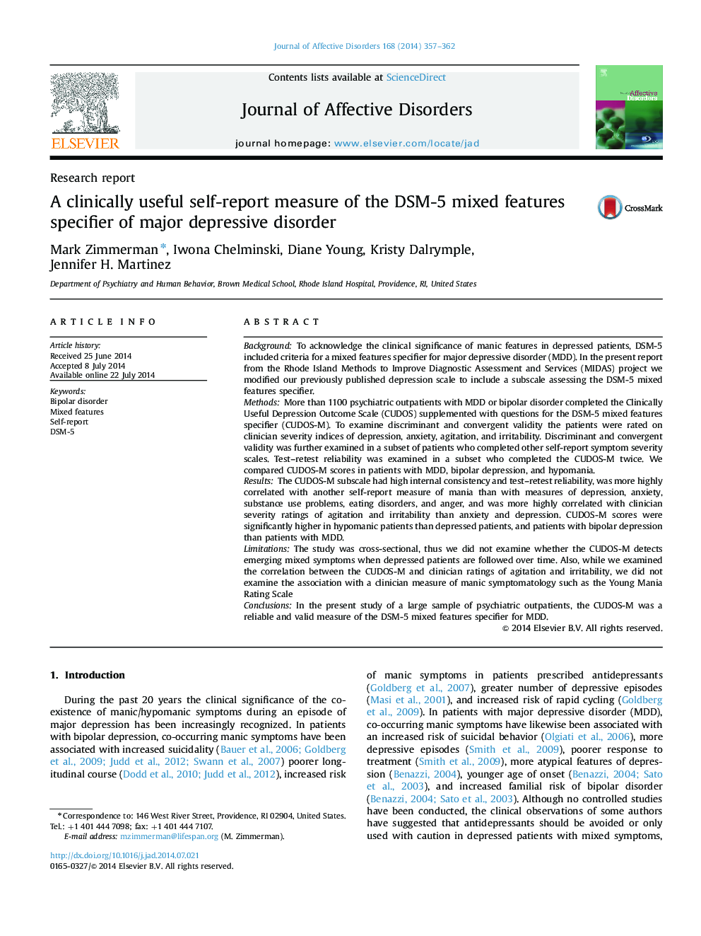 A clinically useful self-report measure of the DSM-5 mixed features specifier of major depressive disorder