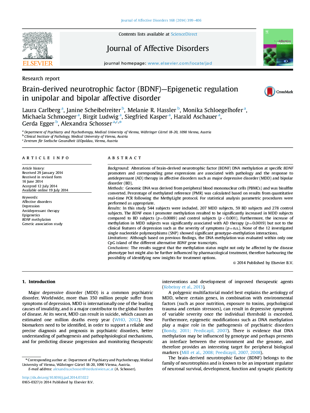 Brain-derived neurotrophic factor (BDNF)-Epigenetic regulation in unipolar and bipolar affective disorder