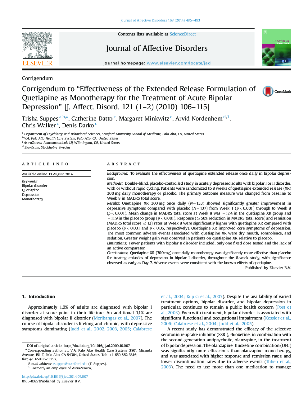 Corrigendum to “Effectiveness of the Extended Release Formulation of Quetiapine as Monotherapy for the Treatment of Acute Bipolar Depression” [J. Affect. Disord. 121 (1-2) (2010) 106-115]