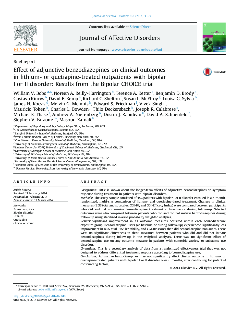 Effect of adjunctive benzodiazepines on clinical outcomes in lithium- or quetiapine-treated outpatients with bipolar I or II disorder: Results from the Bipolar CHOICE trial